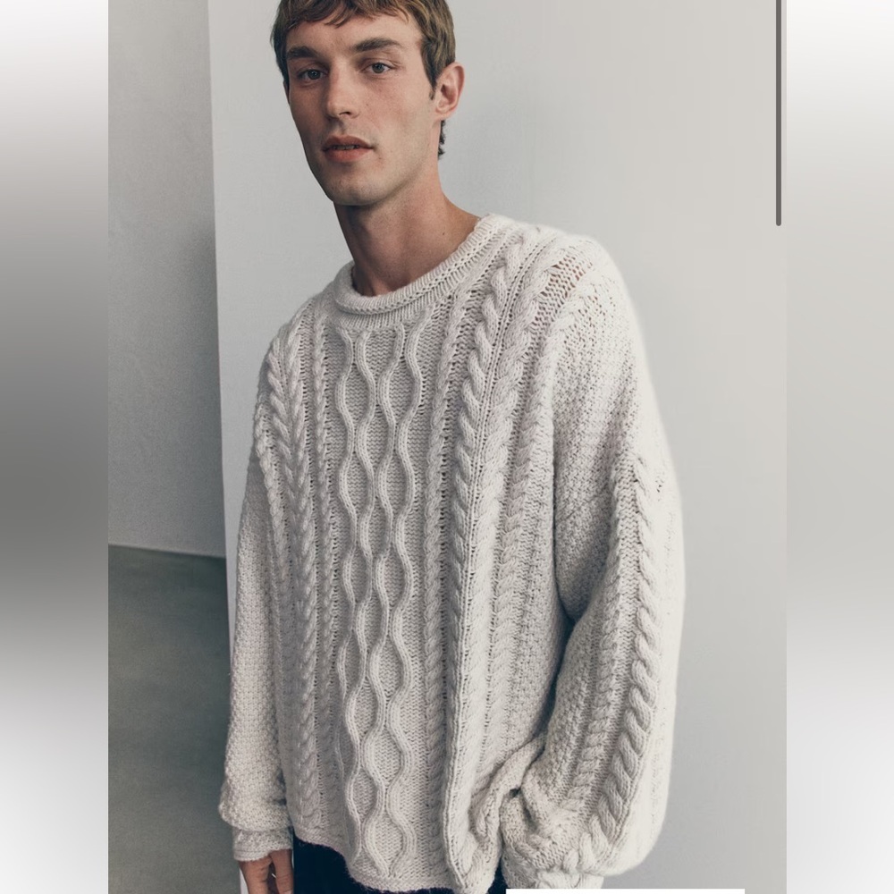 H&M Atelier Men’s Heavyweight Cable Knit Roll Neck Wool Blend Sweater Cream L